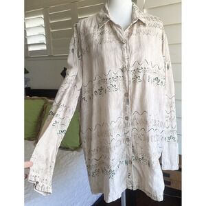 Vtg Garron Resort Women XL 100% Linen Shirt Natural Floral Button Up Tunic Top